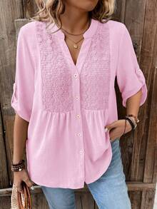 Weeklong Women Plus Size Lace Patchwork 3/4 Sleeve V-Neck Button Down Shirt,Blush Pink,Summer,Boho,Formal,Vacation,Holiday Light Top Flared Ruffle Hem Blouse - Baby Pink - View 4