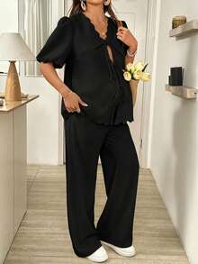 SHEIN Maternity Simple Solid Color Short Sleeve Top And Pants 2 Pieces Set - Black - View 6