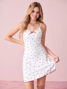 Bonmuse Women's Romantic Knitted Heart Pattern V-Back Bow Splice Nightgown - White - View 6