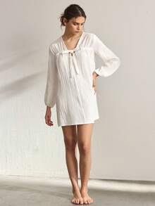 Ocili Đầm dài tay cổ chữ V xoắn màu trơn dành cho nữ, thích hợp mặc ở nhà. - trắng - Xem 4