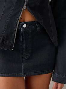SHEIN BAE Women's Solid Color Short Denim Skirt With Belt Loop, Summer - Grey - View 3