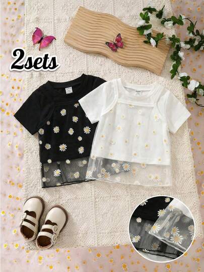 女婴夏季休闲雏菊印花网纱吊带纯色短袖T恤