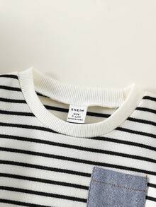 SHEIN 2件套男女宝宝休闲可爱条纹短袖T恤和牛仔短裤套装，宝宝服装套装，街头风，春夏款 - 藍色 - 查看 8