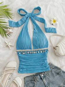 Soleia 女士夏季海滩度假风简约纯色纹理面料露背系带吊带上衣 - 淺藍色 - 查看 3