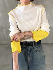 FRIFUL Áo thun nữ cổ cao tay dài ôm sát cổ tay, phối màu, viền lượn sóng, kiểu dáng thường ngày. - Màu be - Xem 6