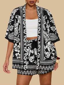 SHEIN TRVLCHIC Plus Size Tropical Print Shirt And Shorts Set, Casual Holiday Outfit - Black and White - View 5