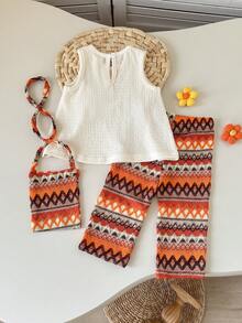 Playful Pals 两件套女童圆领无袖上衣+松紧腰阔腿裤+斜挎包，休闲可爱套装，适合夏季日常穿着 - 杏色 - 查看 2