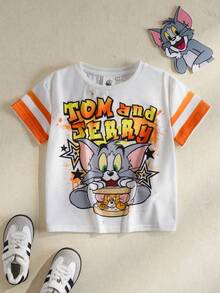 TOM & JERRY X SHEIN Young Boy Casual Round Neck Cartoon Letter Print Short Sleeve T-Shirt, Versatile Daily Wear - White - View 2