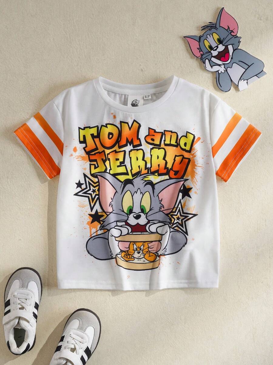TOM & JERRY X SHEIN Camiseta de manga corta con cuello redondo y estampado de letra de dibujos animados para niño, uso versátil para el día a día - Blanco - Ver 1