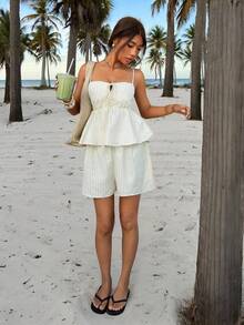 Muchica 新款编织黄色条纹休闲度假套装，女士夏季服装，女士海滩度假套装，两件套夏季套装，两件套度假套装，短款两件套套装，亚麻两件套套装，条纹两件套套装，夏季两件套套装，夏季性感连衣裙，女士度假连衣裙，条纹连衣裙，希腊度假套装，贝壳上衣，女士度假套装，女士夏季服装，女士夏季套装，女士夏季上衣，夏季休闲上衣 - 黃色 - 查看 4