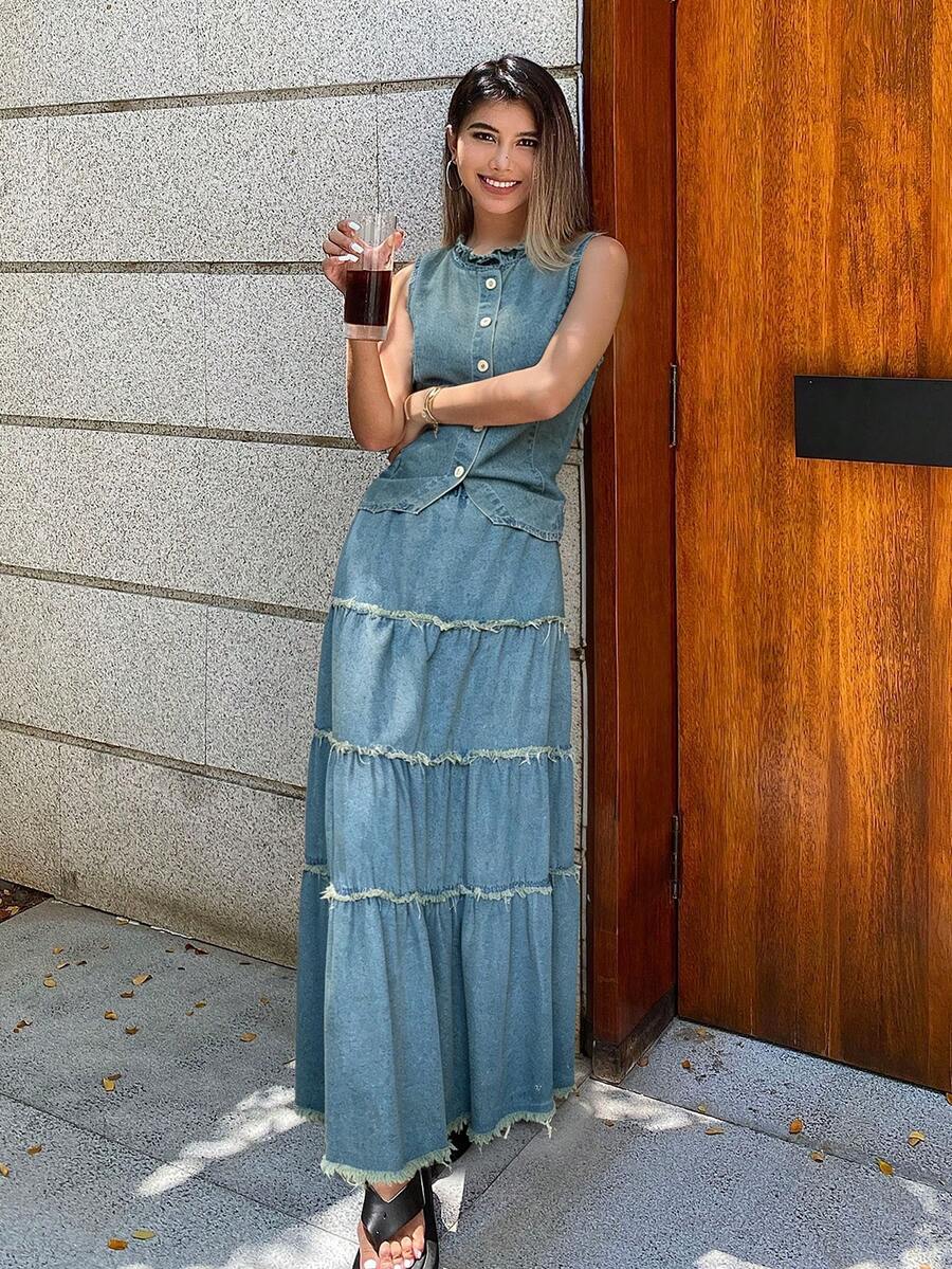 Livesso Women's Cotton Ruffle Sleeveless Top And Casual Denim Skirt Set, Summer - Medium Wash - View 1