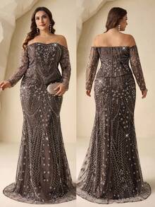 Coutiva 大码优雅秋冬亮片串珠露肩长袖两件套，搭配美人鱼裙，正式晚礼服，适合婚礼宾客、毕业典礼、生日派对、音乐节等场合，闪亮水钻，奢华钻石，耀眼魅力。 - 棕色 - 查看 3