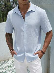 Manfinity Homme Áo sơ mi nam tay ngắn cài cúc kiểu dáng thường ngày, thoải mái và đa năng, áo sơ mi nam tay ngắn mùa hè, áo sơ mi màu xanh nhạt cho nam giới, áo sơ mi mùa hè cho nam giới, áo sơ mi màu xanh da trời nhạt cho nam giới. - Màu xanh nhạt - Xem 1