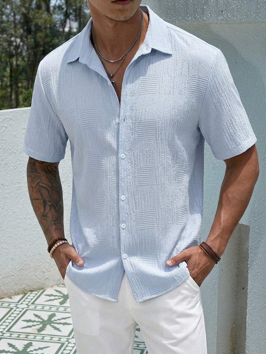 Manfinity Homme Áo sơ mi nam tay ngắn cài cúc kiểu dáng thường ngày, thoải mái và đa năng, áo sơ mi nam tay ngắn mùa hè, áo sơ mi màu xanh nhạt cho nam giới, áo sơ mi mùa hè cho nam giới, áo sơ mi màu xanh da trời nhạt cho nam giới. - Màu xanh nhạt - Xem 1