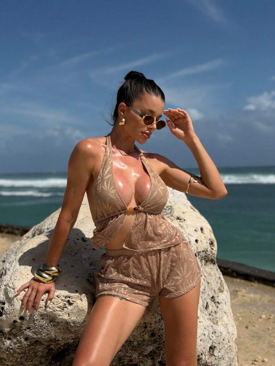 Swim SXY Conjunto de bikini de punto de textura de fondo con nudo de hoja sólida marrón para fiestas y vacaciones, falda de playa sexy para Año Nuevo, traje de baño elegante inalámbrico de verano para mujeres - Camel - Ver 1