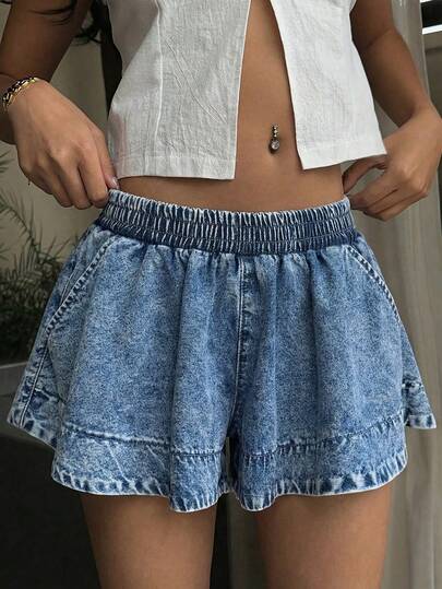 Sunnyshic Women's Elastic Waist Pockets Vacation Casual Denim Skorts