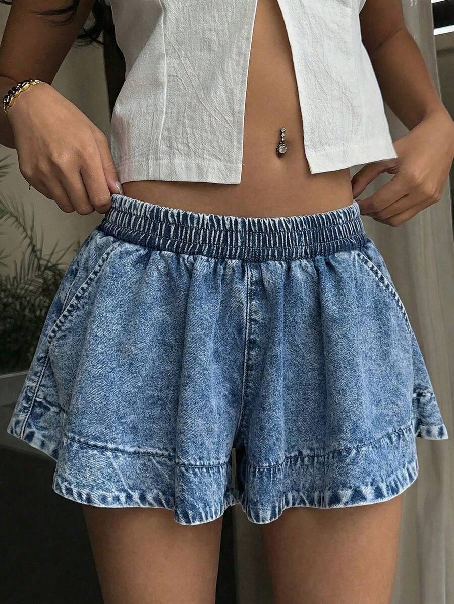 SHEIN SunnyBelle Women's Elastic Waist Pockets Vacation Casual Denim Skorts - Dark Wash - View 1