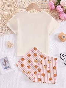 Bộ đồ ngủ ngắn tay cổ tròn, dễ thương, vui nhộn, mềm mại, đáng yêu dành cho bé gái tuổi teen, họa tiết Capybara hoạt hình, sọc hồng, vàng kem, phù hợp cho mùa hè - Nhiều màu - Xem 3