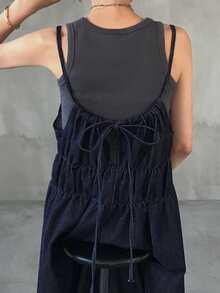 FRIFUL Đầm denim xếp ly dáng rộng thoải mái mùa hè dành cho nữ - Màu xanh lam - Xem 4