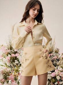 Anewsta 女士休闲优雅刺绣串珠短裤 - 黃色 - 查看 7