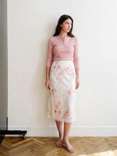 lacRébo Floral Print Satin Midi Skirt With Lace Hem Spring Summer Cute Vintage Vacation Skirt Holiday Outfit Flowy Skirt White Satin Skirt French Style Parisian Style Floral Skirt Skirts For Women