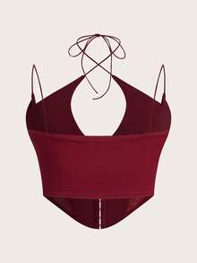 SHEIN ICON Plus Summer 钩眼对比网眼酒红色短款紧身胸衣吊带背心 - 酒紅色 - 查看 2
