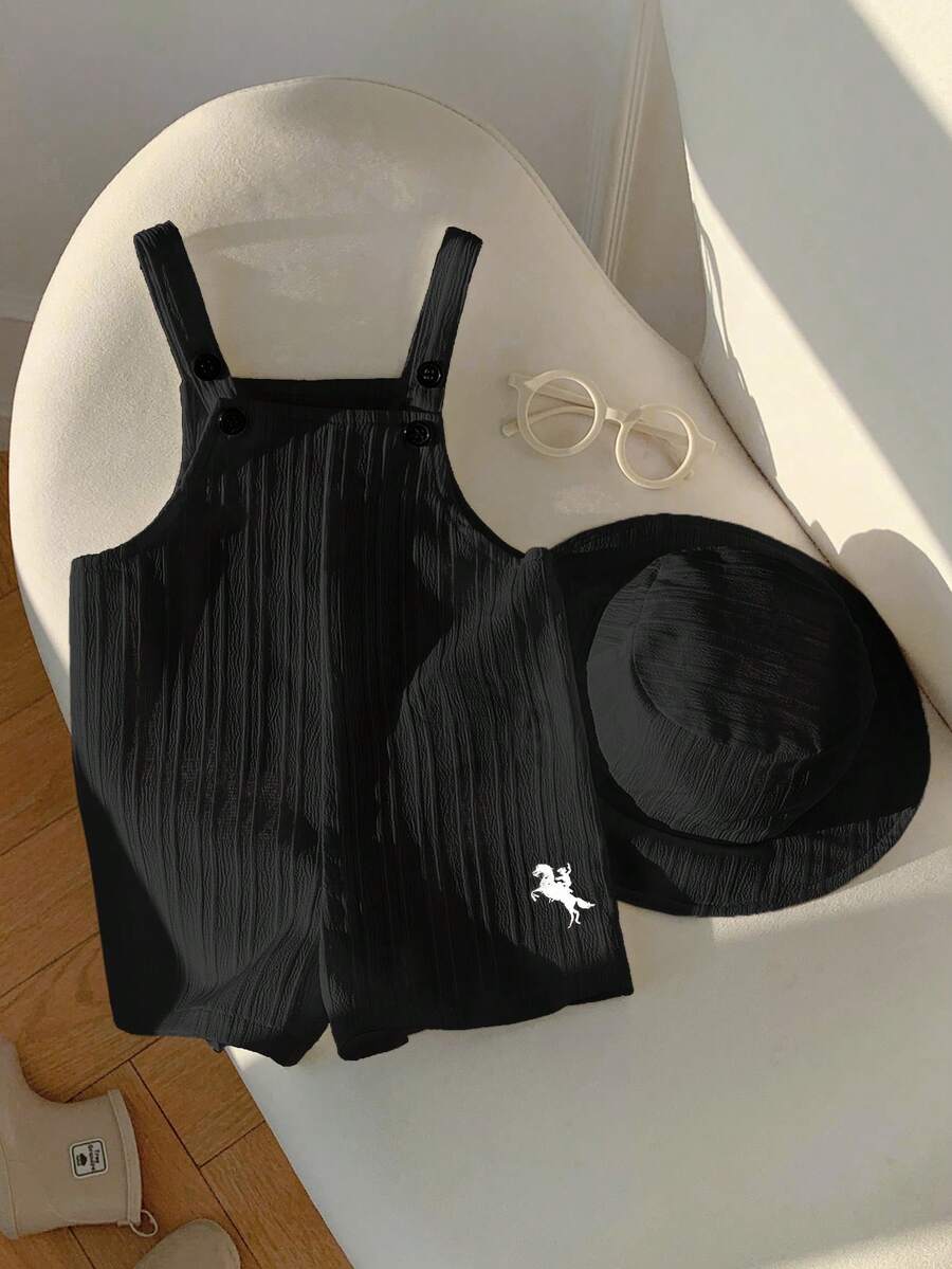 SHEIN Bộ áo liền quần màu trắng đa năng cho bé sơ sinh trai/gái, gồm quần yếm và mũ chống nắng, thích hợp mặc ở nhà hoặc ngoài trời vào mùa xuân/hè. - màu đen - Xem 1