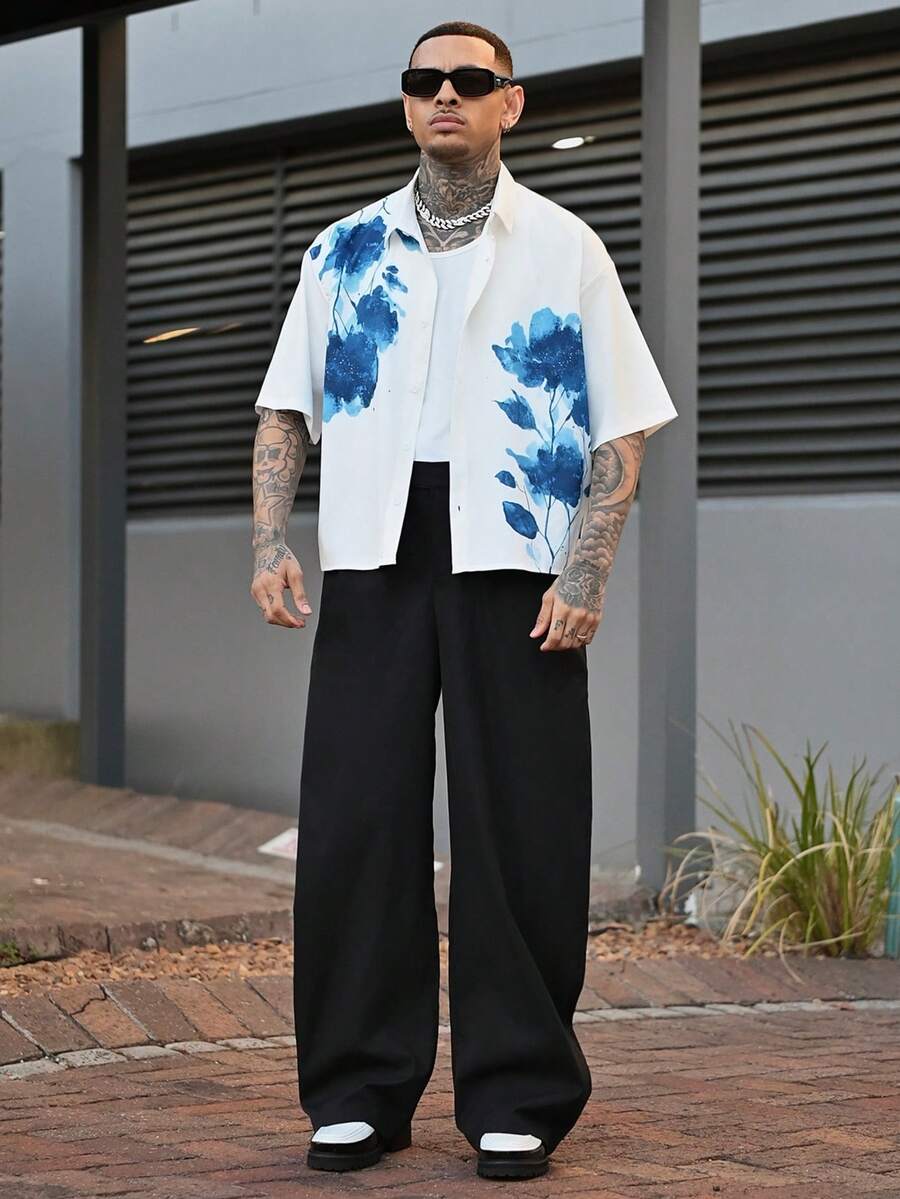 Devon Thys 中国风青花瓷花卉水彩图案男士休闲短袖满印花衬衫 - 白色 - 查看 1