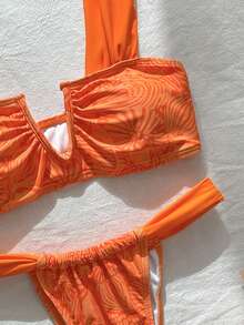 Swim Vcay Conjunto de bikini estampado sexy para mujer, atuendo para vacaciones en la playa/piscina en verano - Naranja - Ver 4