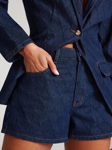 NYA SZN 女士夏季休闲通勤时尚菱形纹理牛仔短裤 - 深色水洗藍 - 查看 4