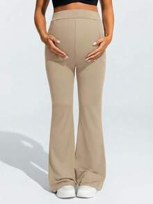 SHEIN Pantalones de maternidad de unicolor simple con bolsillo para teléfono, elásticos y transpirables - Caqui - Ver 3