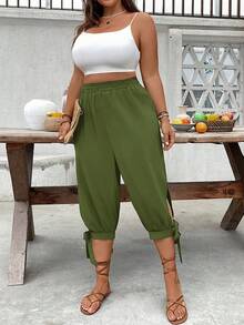 SHEIN CURVE+ Pantalones Capri de Talla Grande con Cintura Alta y Cordón, Primavera/Verano - Verde - Ver 6