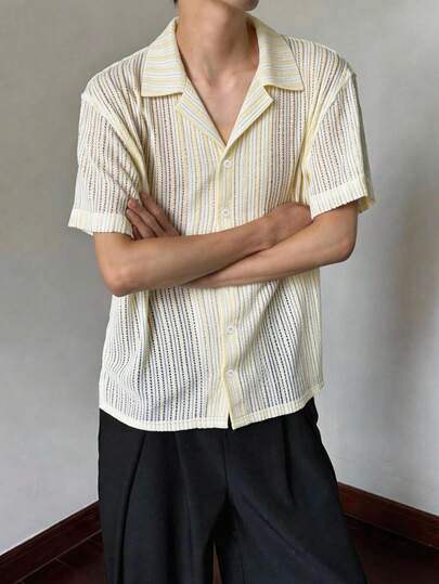 Manfinity Dauomo Men's Mesh Woven Striped Vacation Short Sleeve Shacket