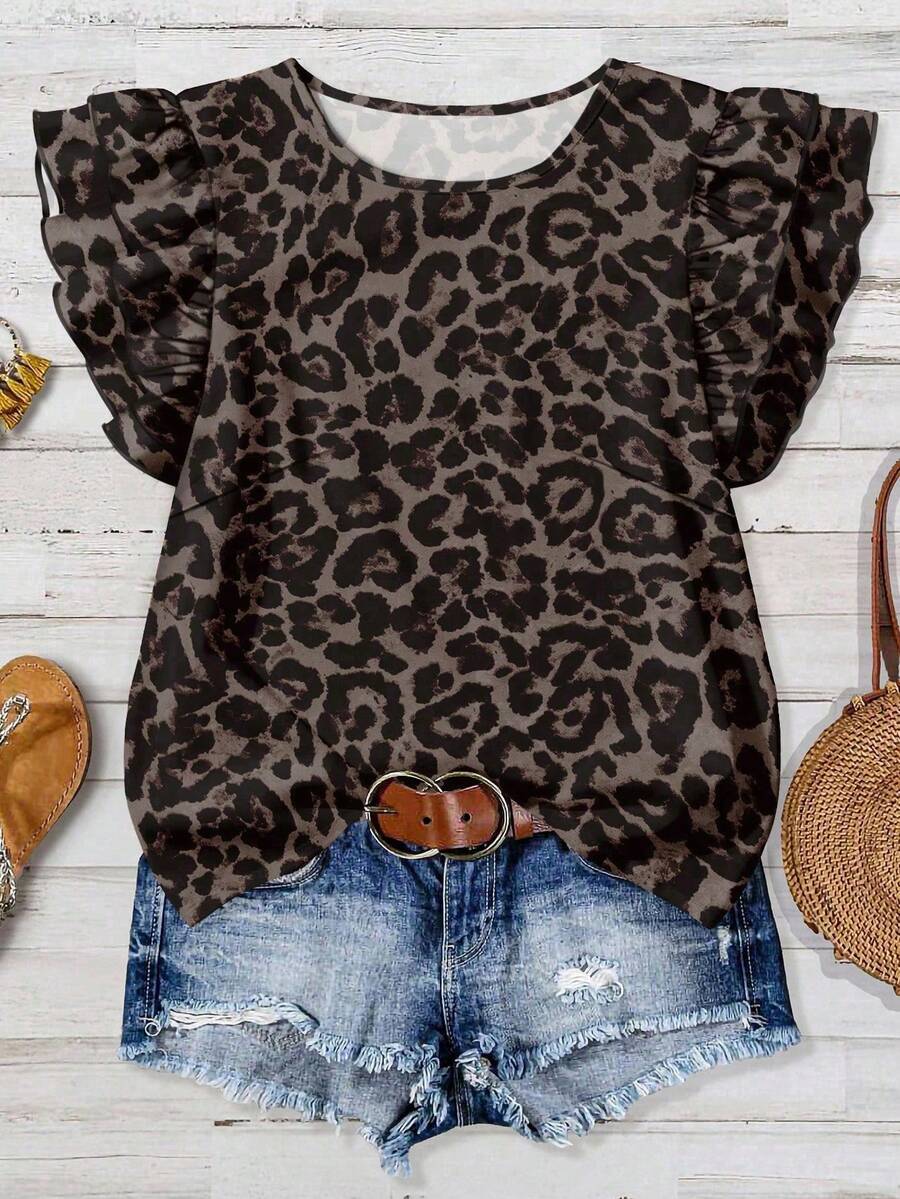 Mellowie Women's Casual Leopard Print Cap Sleeve Blouse, Summer Spring - Multicolor - View 1