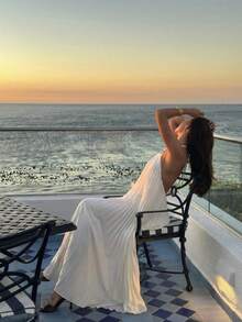 Aloruh Women's Casual Elegant Beach Vacation Halter Dress/White Dress/Backless Dress/Loose Sundress Goddess Maxi Dress White Maxi Dress Beach White Dress Pleated Maxi Dress White Long Dress Dresses Sun White Dress Vacation Long Dress Summer Maxi White Dress - White - View 2