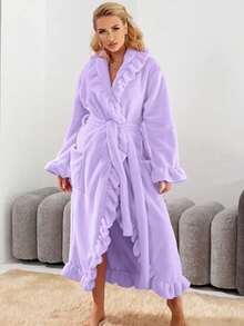1pc Women's Super Soft Ruffle Hem Thick Fleece Robe, Ruffle Hem Fashion Robe With Side Pockets, Warm Long Bathrobe, Plush SPA Robe, Loungewear, Sleepwear - Multicolor - View 22