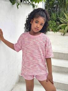 SHEIN 少女条纹圆领落肩上衣和系带短裤休闲两件套 - 粉色 - 查看 3