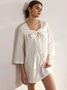 Ocili Camisón de mujer de 100% algodón sólido con cuello redondo, mangas 3/4 y cintura con lazo, cómodo - Blanco - Ver 2