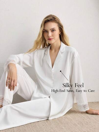 Ocili Women's Solid Color Long Sleeve Single-Breasted Top And Pants Pajama Set