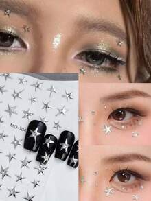 1 pieza Joyería facial con pegatina de estrella, color plateado metálico con pegatina facial de estrella de cinco puntas con rhinestone, adecuada para maquillaje de festivales de música, brillante y versátil para Y2K, Kpop, carnaval, decoración facial con estrella de cinco puntas y rhinestone (autoadhesiva) - Multicolor - Ver 3