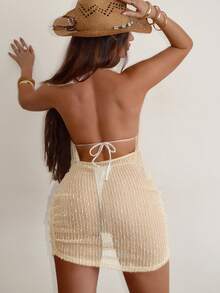 Swim SXY 浅金色网眼露背紧身沙滩度假连衣裙 - 杏色 - 查看 2