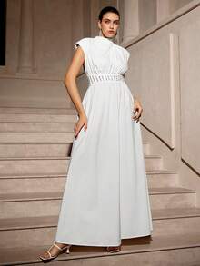 VOLUPTÉ CURVE 大码春夏优雅水钻拼接镂空露背连衣裙 - 白色 - 查看 5