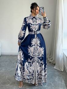 Elenzga Đầm suông dài tay in họa tiết cổ điển thời trang cỡ lớn cho nữ, phong cách cung điện - Màu xanh lam - Xem 1