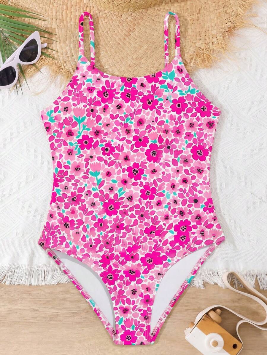 Traje de baño de una pieza con estampado floral para niñas - Rosa - Ver 1