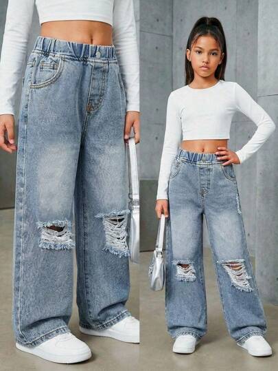 Quần jean denim rách dáng casual cho bé gái, màu xanh nhạt cổ điển, chất liệu cotton thoải mái, thích hợp cho kỳ nghỉ hè, lễ hội âm nhạc, mặc hàng ngày, đi học, tụ họp, tiệc tùng, đi làm.