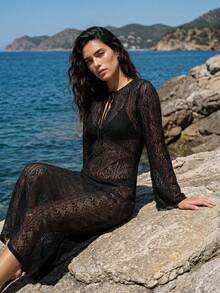 Maija Women's Tie Neck Casual Beach Cover Up Dress - Black - View 3