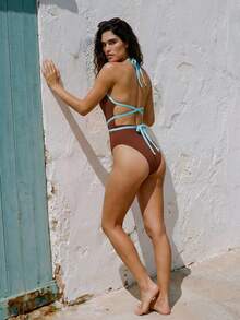 Maija Women's Contrast Trim Backless Halter One-Piece Swimsuit - Brown - View 2