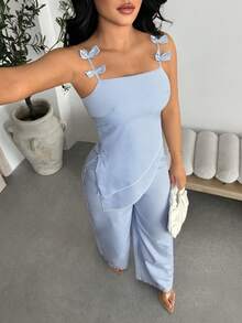 Vavine Blue & White Striped Casual Bow Tie Neck Asymmetric Hem Blouse And Straight Leg Casual Pants Women 2 Piece Set - Blue - View 6