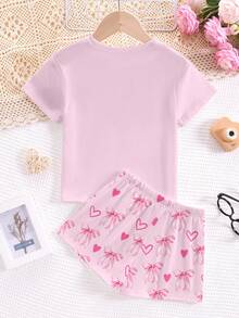 SHEIN Tween 女童休闲简约蝴蝶结心形图案圆领短袖 T 恤和短裤睡衣套装，适合夏季居家清爽穿着 - 彩色 - 查看 3