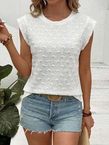 Spring/Summer Fashion Elegant Commuter Versatile White Knit Textured Butterfly Jacquard Round Neck Cap Sleeve T-Shirt - White - View 5